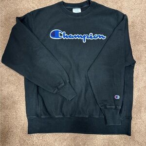 VTG 90s Champion Patch Spellout Reverse Weave Crewneck Black Sweatshirt Large